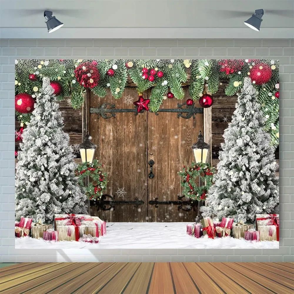 Rustic Christmas Backdrop Barn Door Backdrops for Photography 12' x 10'